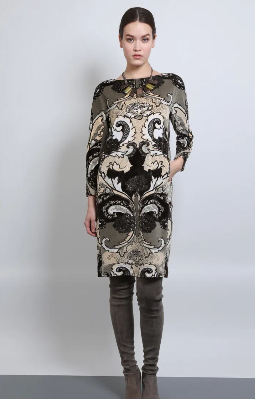 Lafayette 148 Womens M petite Black Multi Velvet Baroque Boat Neck Midi Dress